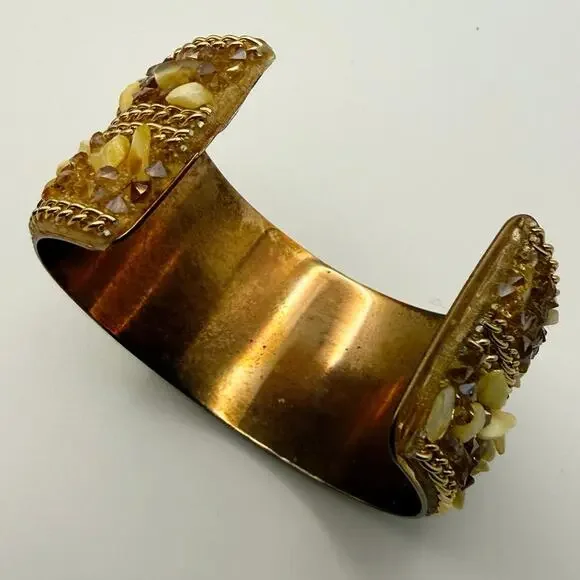 Vintage Gold‑Tone Beaded Bangle • Cream Resin & Amber Rhinestones • 2.75” Diam - Picture 6 of 9